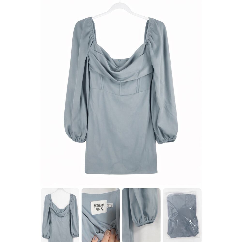 Princess Polly Slate Blue Mini Dress Cowl Neck Puff Sleeve Corset US 12